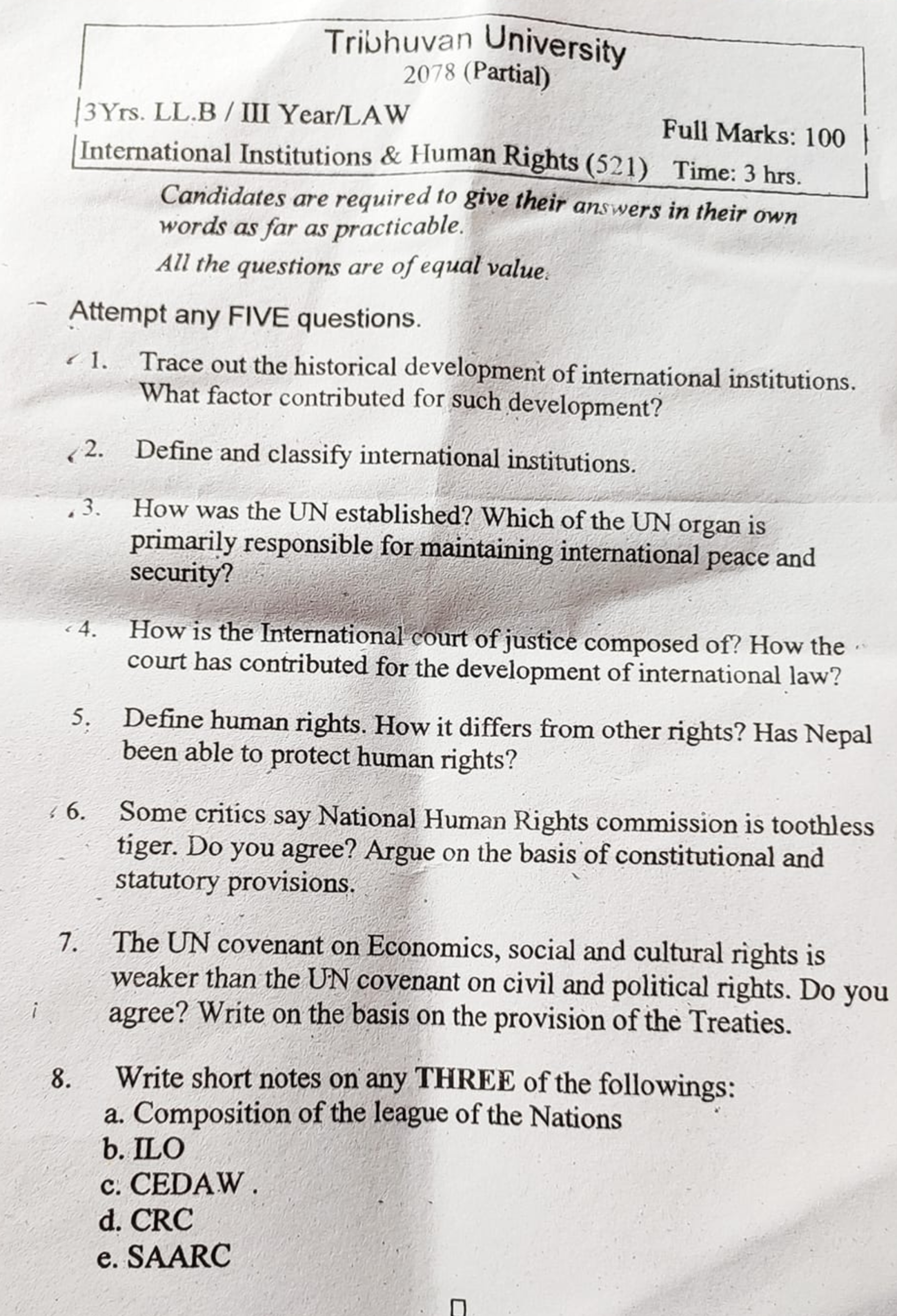 LLB Third year Old Exam Question LLB Third year Old Exam Question